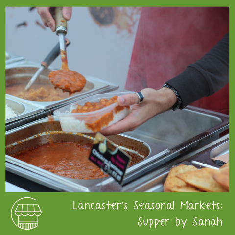 Hand serving curry into a take-away dish