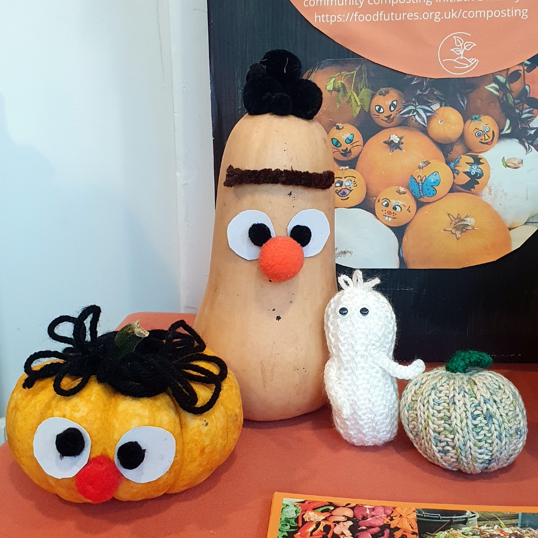 A photo of two squashes decorated to look like Ernie and Bert