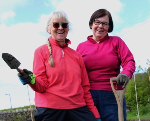 Kate and Cath, volunteer organisers at the community garden at Old Holly Farm.